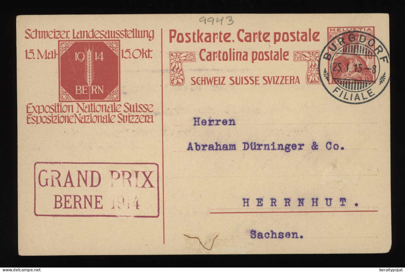 Switzerland 1915 Burgdorf Stationery Card To Herrnhut__(9943) - Entiers Postaux