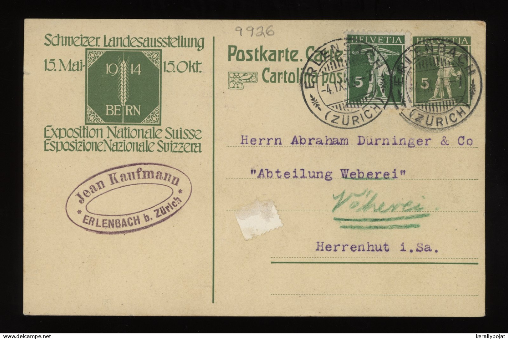 Switzerland 1913 Erlenbach Stationery Card To Herrenhut__(9926) - Entiers Postaux