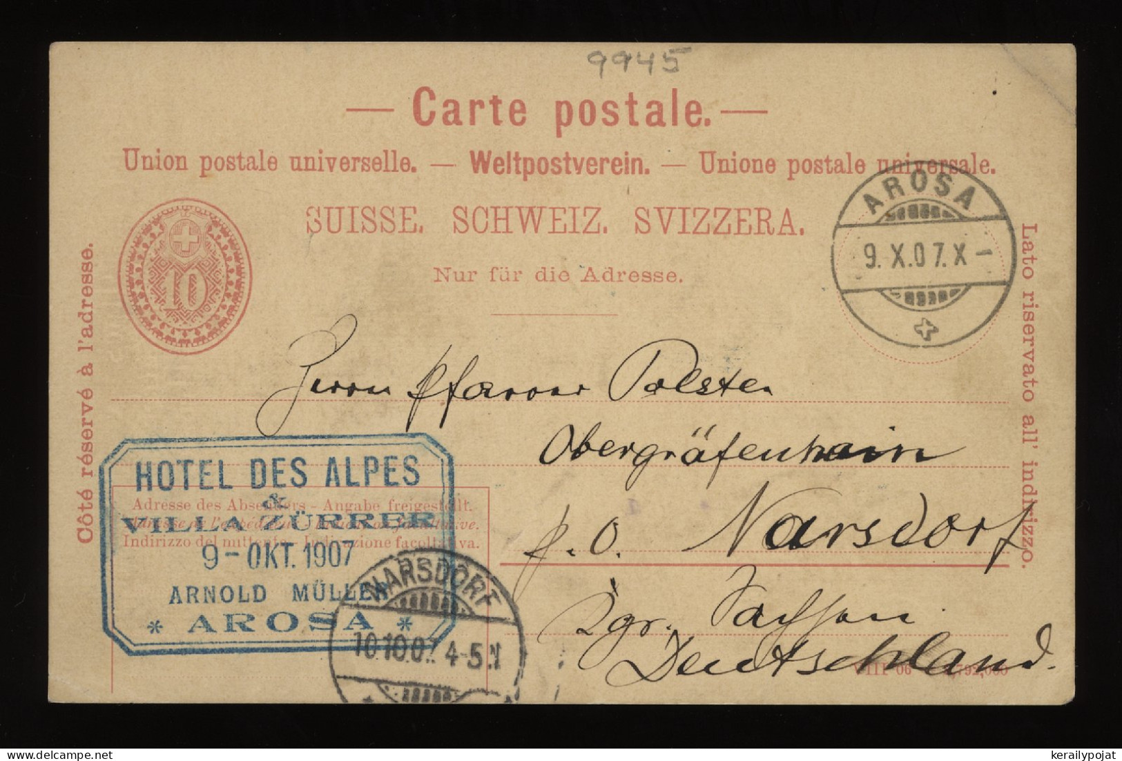 Switzerland 1907 Arosa Stationery Card To Germany__(9945) - Entiers Postaux