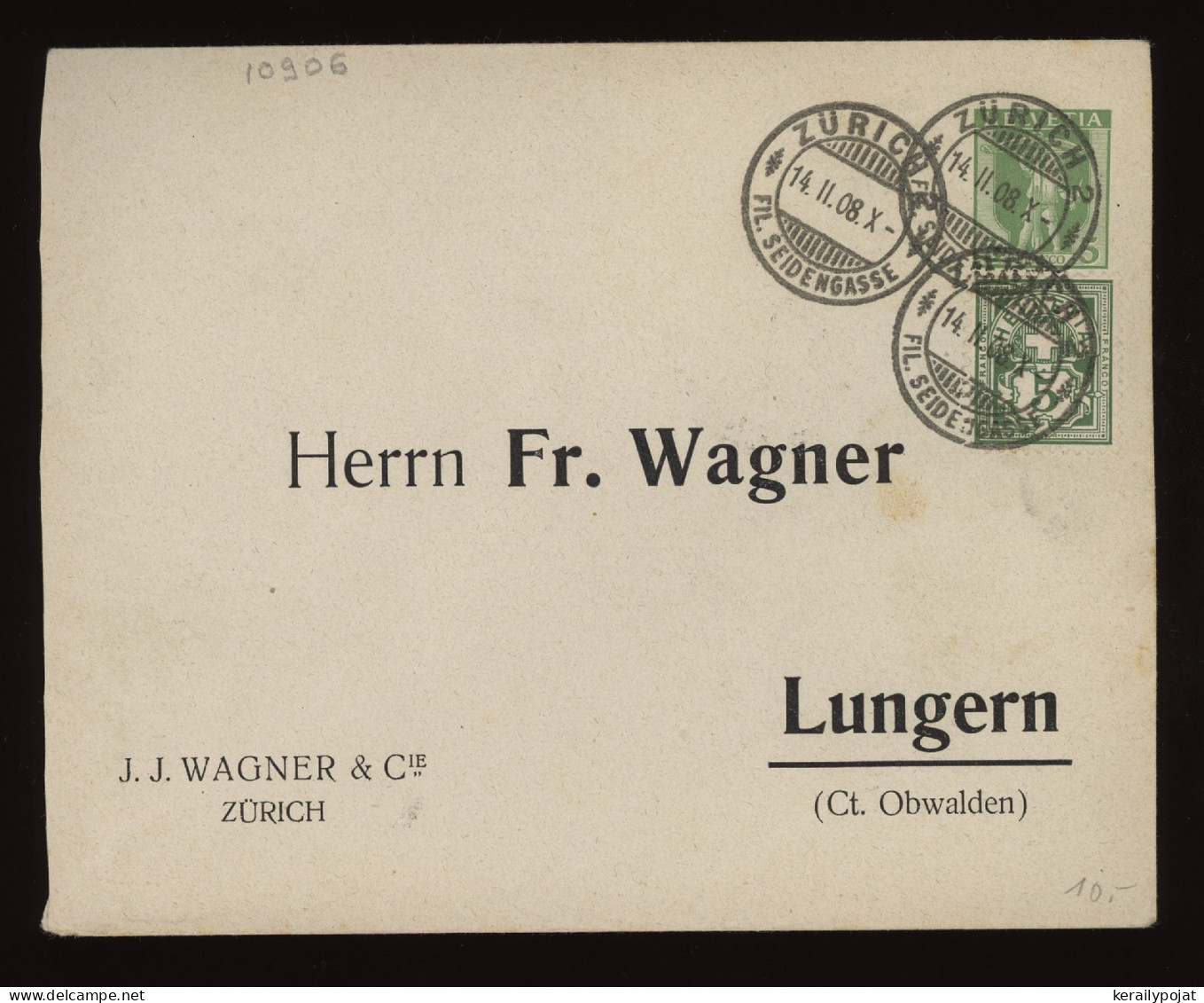 Switzerland 1908 Zurich Stationery Envelope To Lungern__(10906) - Entiers Postaux