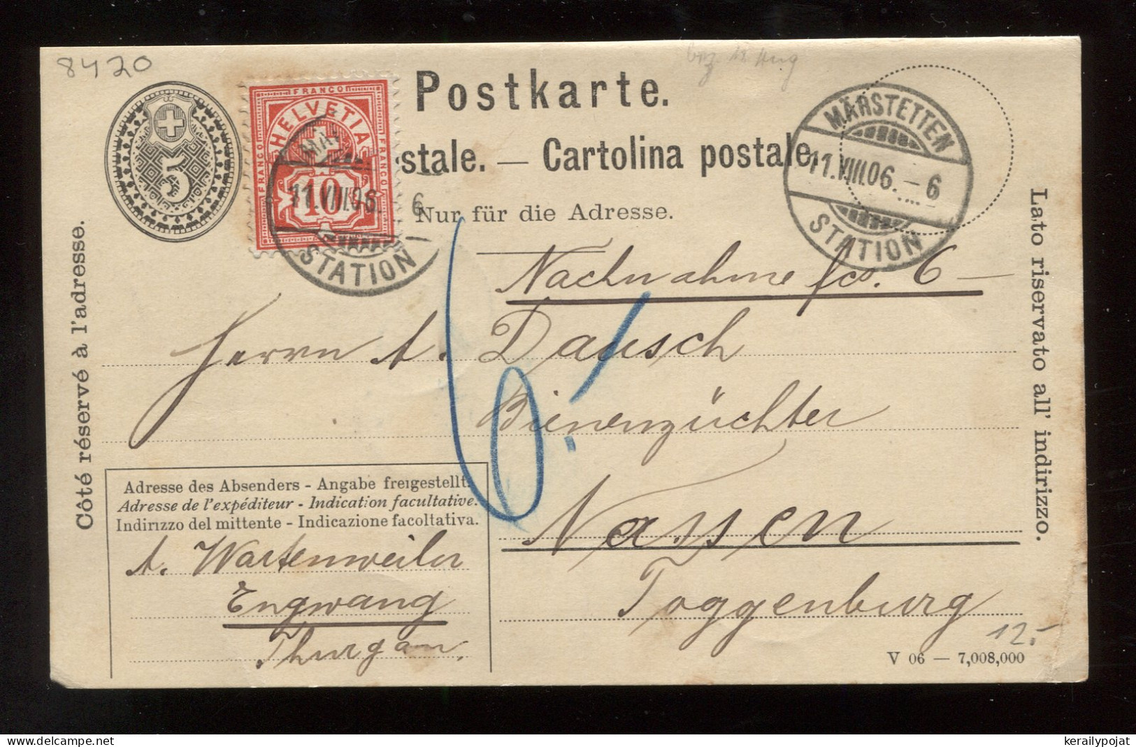 Switzerland 1906 Märstetten Stationery Card To Nassen__(8420) - Entiers Postaux