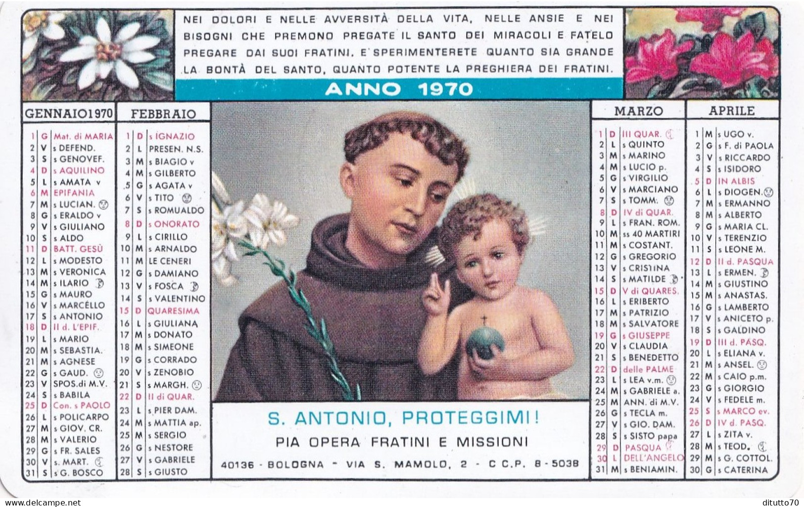 Calendarietto - Pia Opera Fratini Di S.antonio - Bologna - Anno 1970 - Small : 1961-70