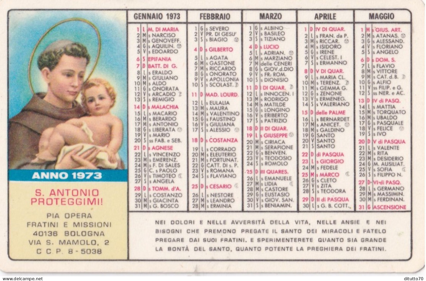 Calendarietto - Pia Opera Fratini E Missioni - Bologna - Anno 1970 - Petit Format : 1961-70