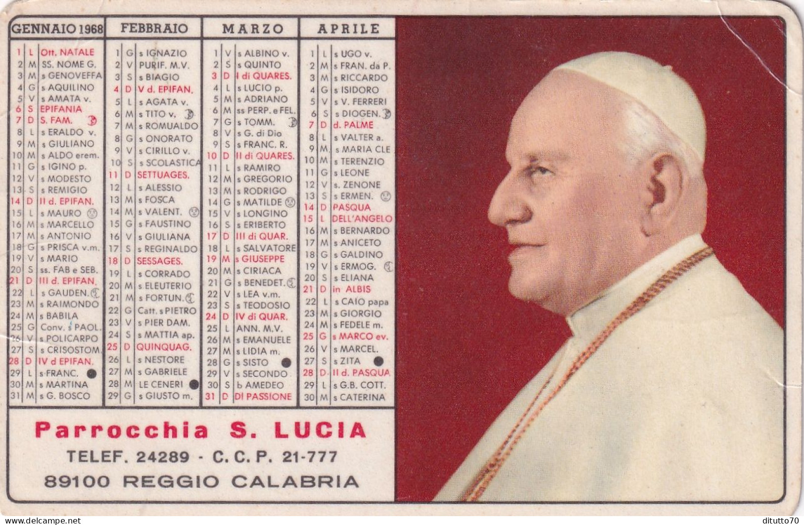 Calendarietto - Parrocchia S.lucia - Reggio Calabria - Anno 1968 - Formato Piccolo : 1961-70