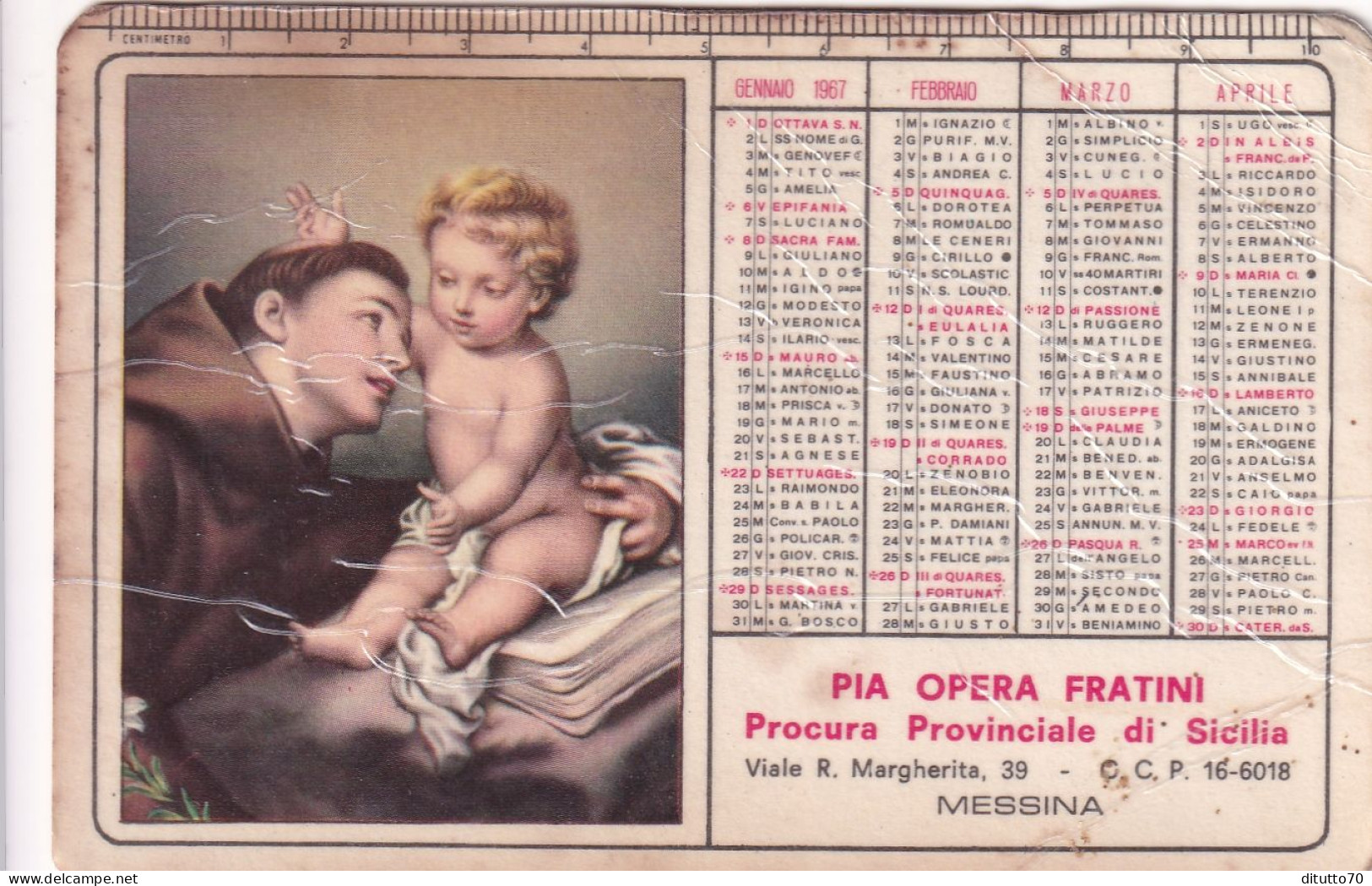 Calendarietto - Pia Opera Fratini - Procura Provinciale Di Sicilia - Messina - Anno 1967 - Tamaño Pequeño : 1961-70