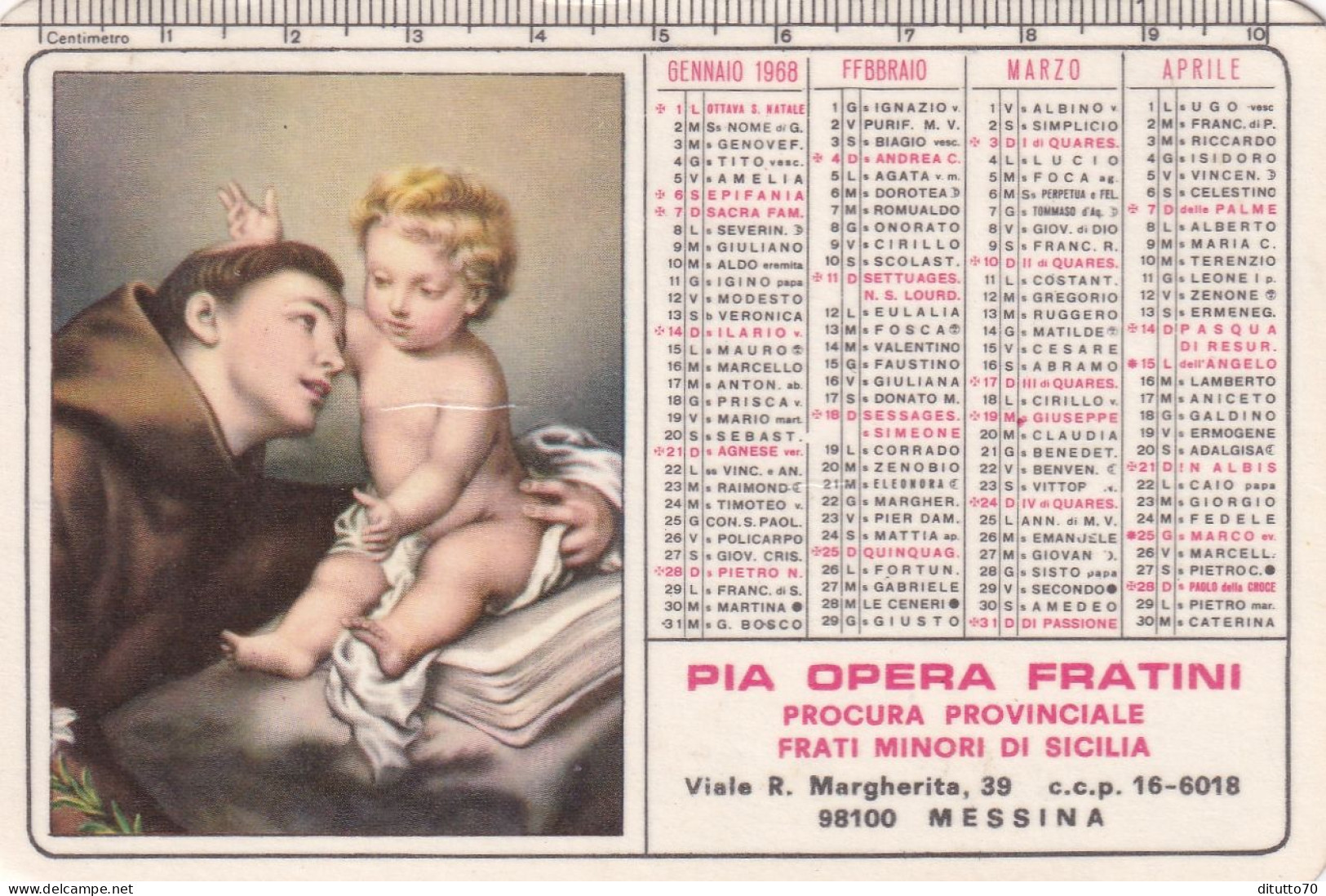 Calendarietto - Pia Opera Fratini - Procura Provinciale Di Sicilia - Messina - Anno 1968 - Kleinformat : 1961-70