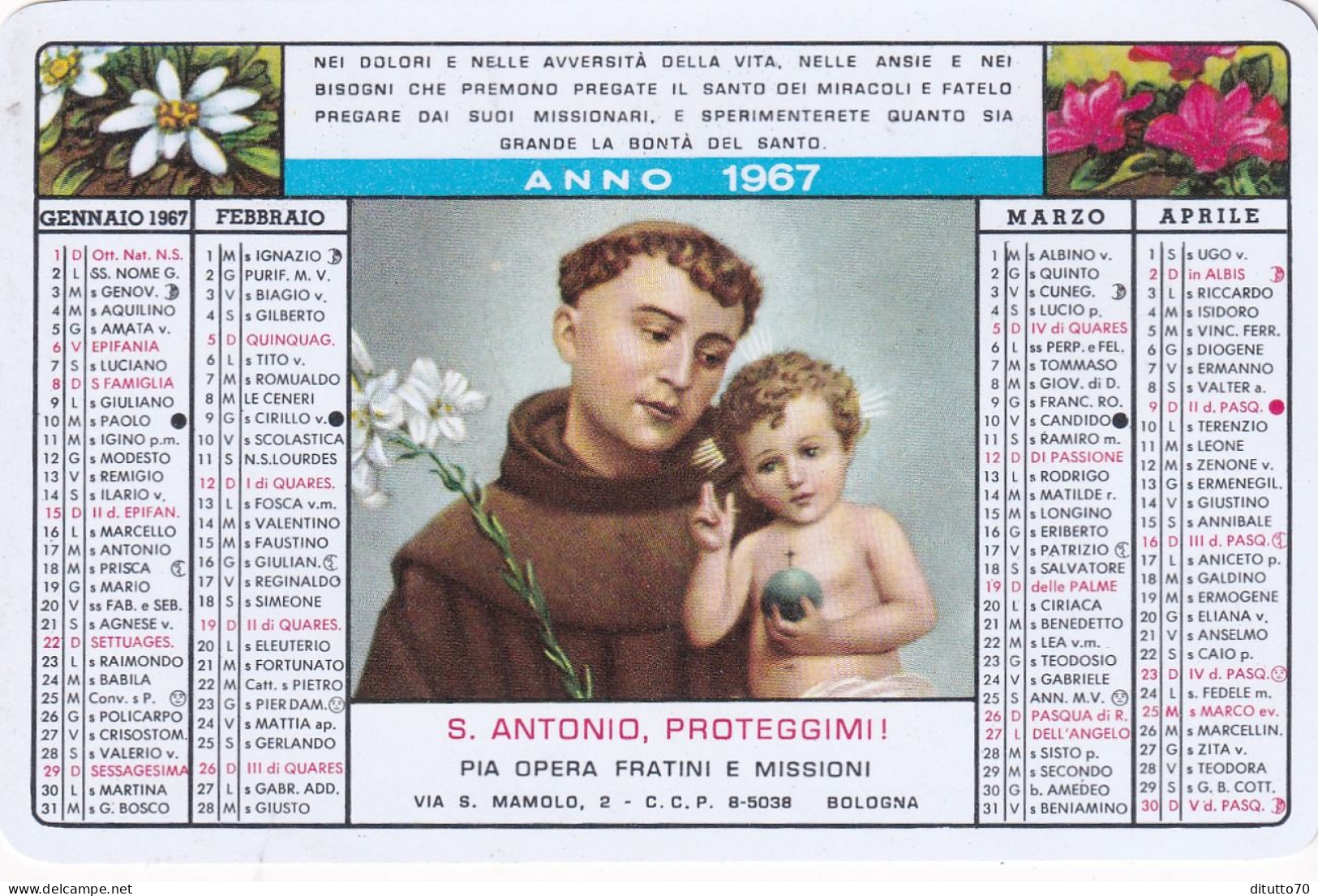 Calendarietto - Pia Opera Fratini Di S.antonio - Bologna - Anno 1967 - Small : 1961-70