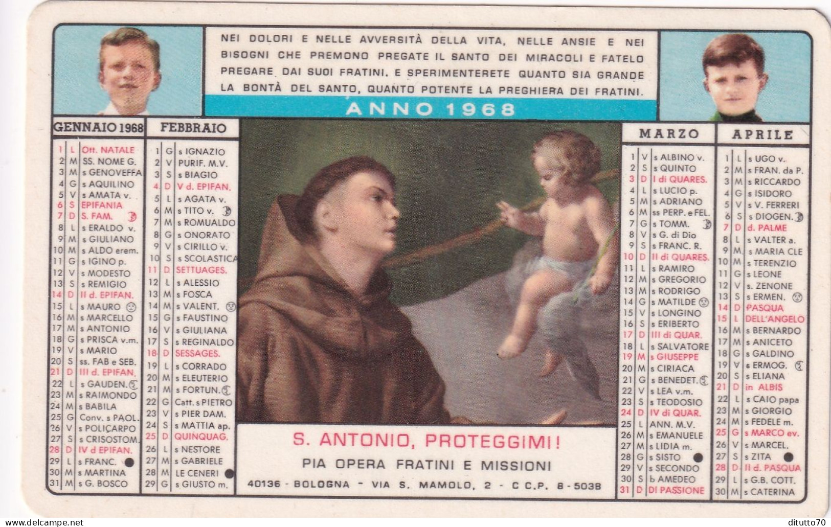 Calendarietto - Pia Opera Fratini Di S.antonio - Bologna - Anno 1968 - Tamaño Pequeño : 1961-70