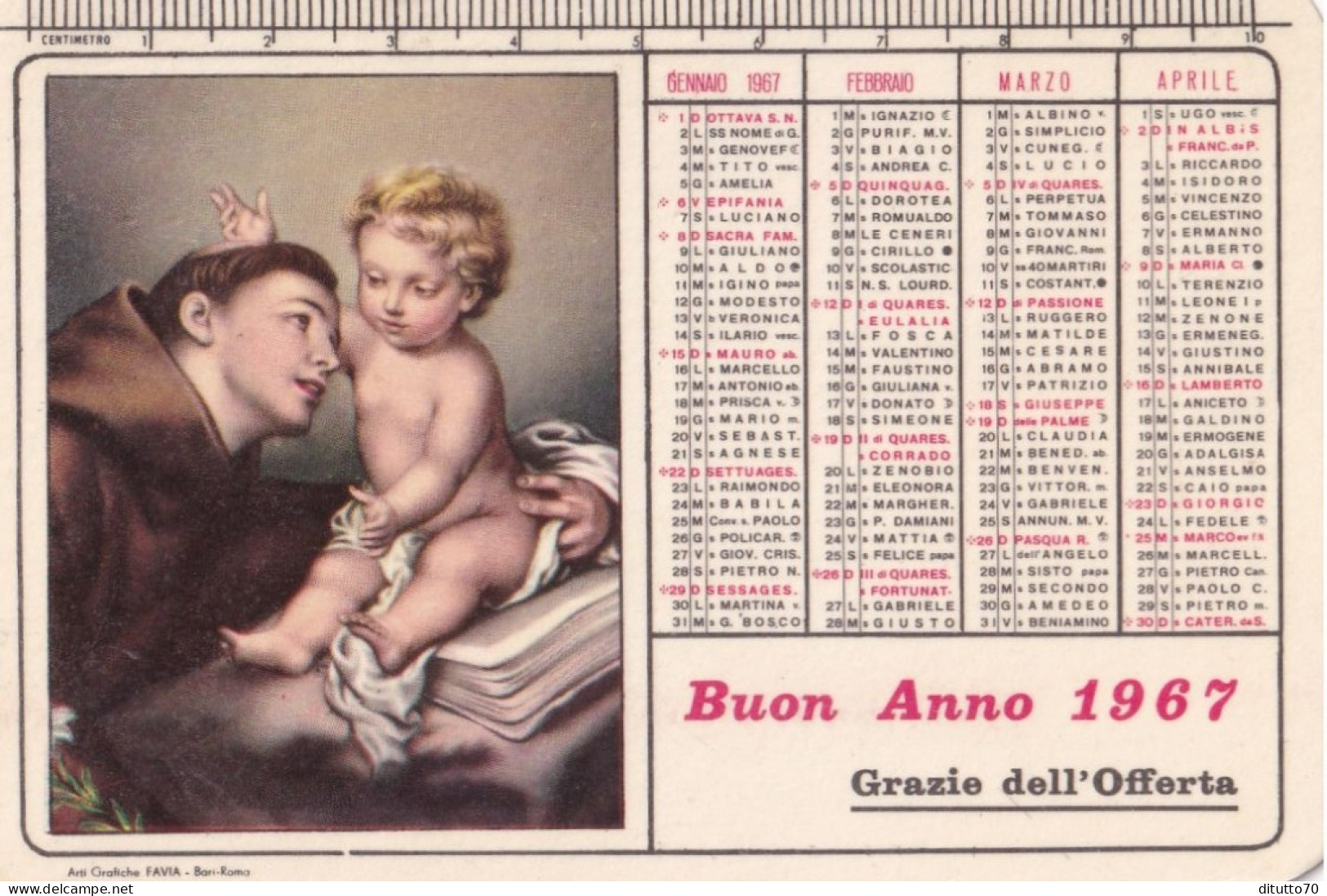 Calendarietto - Pia Opera Fratini Di S.antonio - Pietrafitta - Tropea - Anno 1967 - Tamaño Pequeño : 1961-70