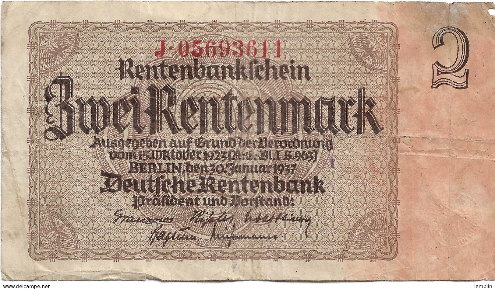 ALLEMAGNE - 2 RENTENMARK 1937 - Other & Unclassified