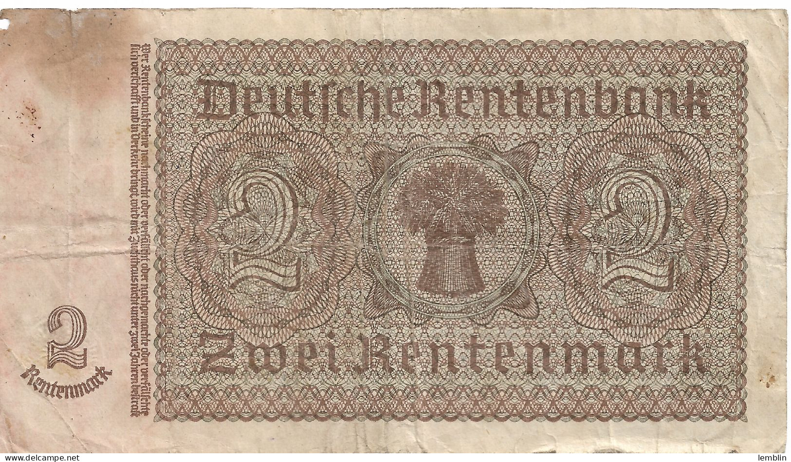 ALLEMAGNE - 2 RENTENMARK 1937 - Sonstige & Ohne Zuordnung