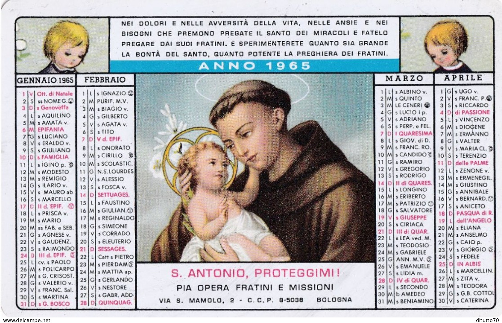 Calendarietto - Pia Opera Fratini E Missioni - Bologna - Anno 1965 - Kleinformat : 1961-70