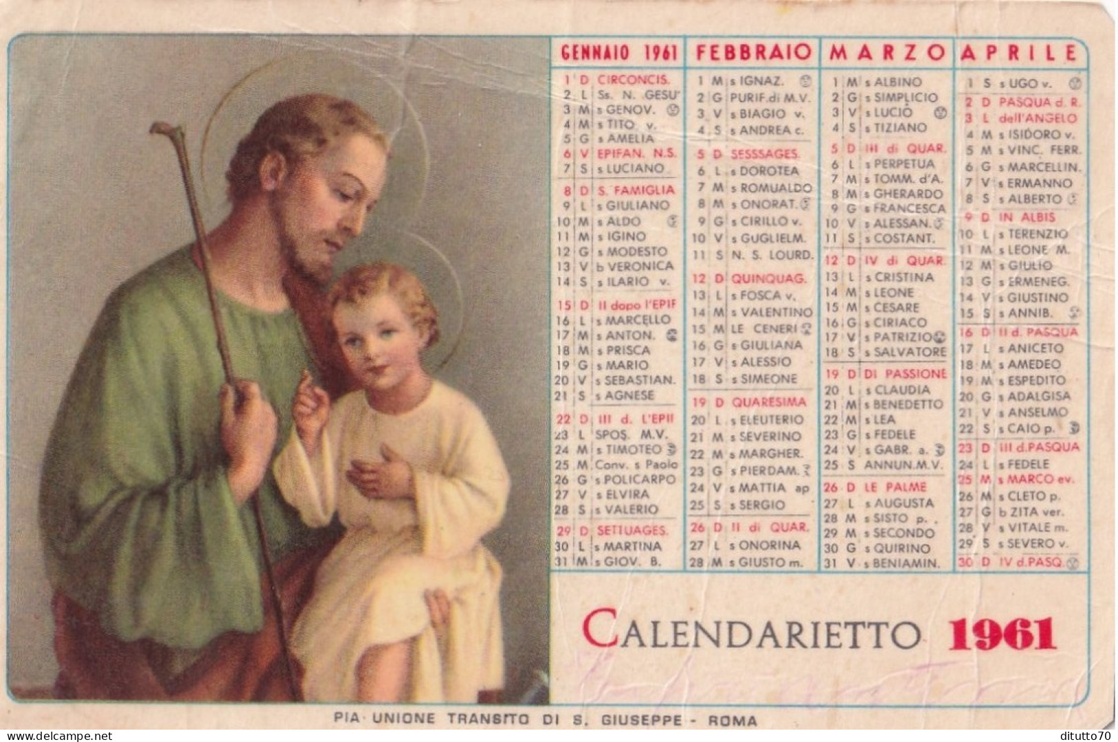 Calendarietto - Pia Unione Transito Di S.giuseppe - Roma - Anno 1961 - Small : 1961-70