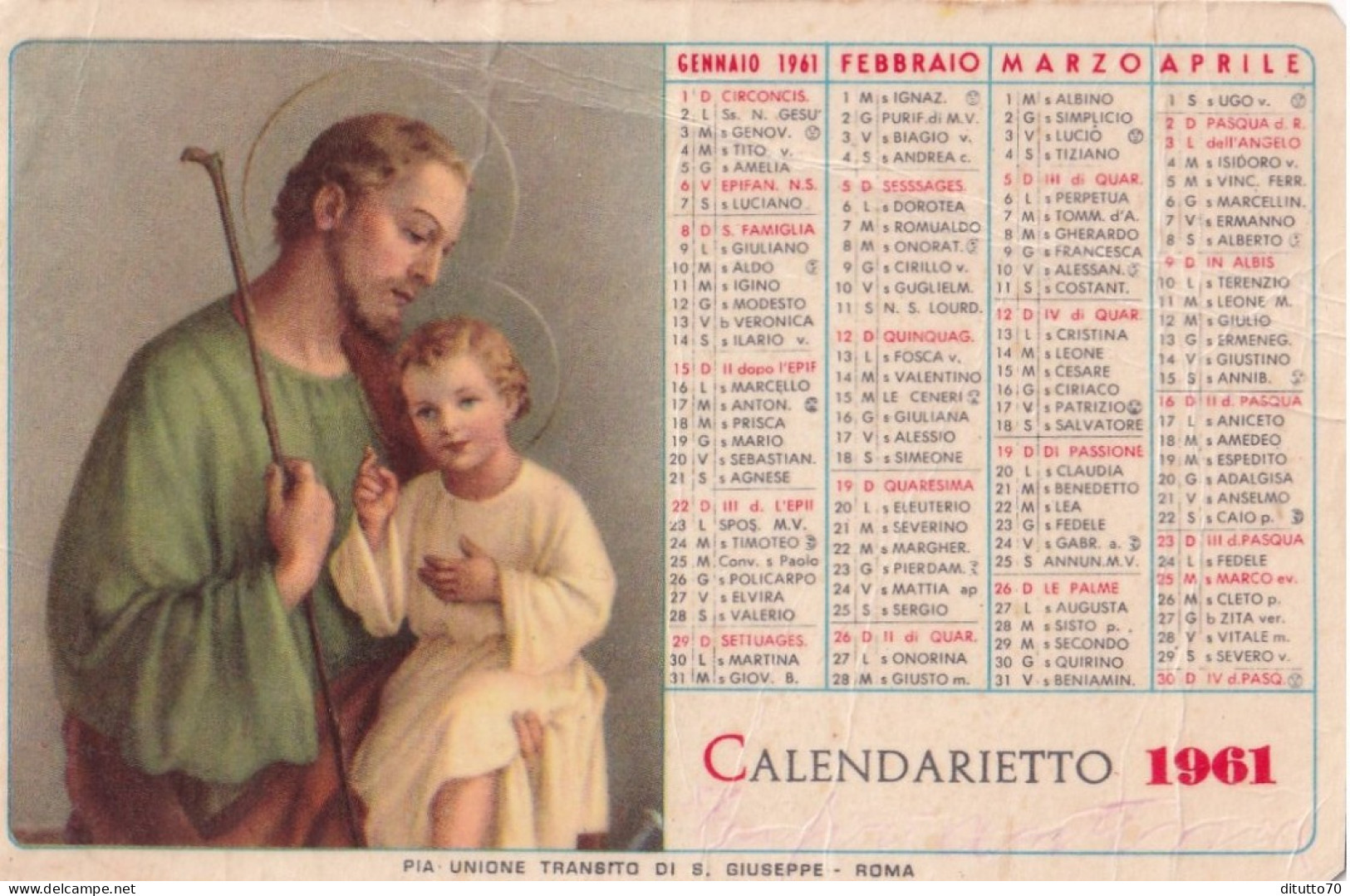 Calendarietto - Pia Unione Transito Di S.giuseppe - Roma - Anno 1961 - Kleinformat : 1961-70