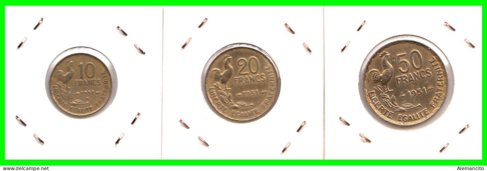 FRANCIA  MONEDA - DE 0.10 0,20 Y 0,50 CENTIMOS DEL AÑO 1951 - CUARTA REPUBLICA FRANCESA COMPOSICIÓN BRONCE DE  ALUMINIO - 50 Centimes