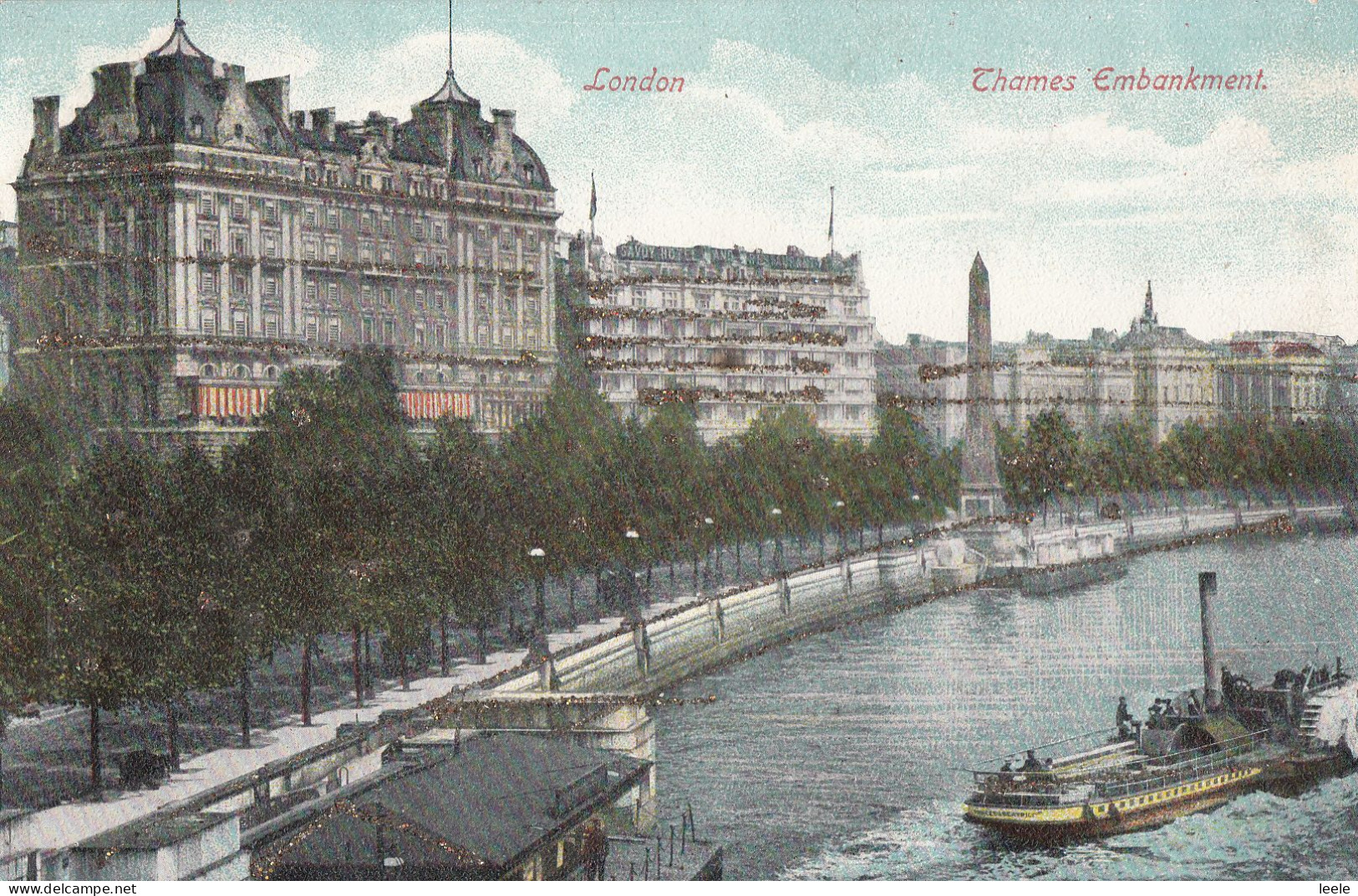 CI91.Vintage Glittered Postcard. Thames Embankment, London - River Thames