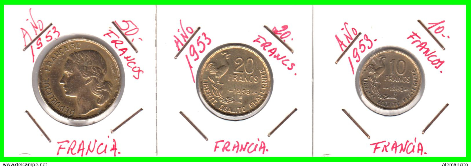 FRANCIA  MONEDA - DE 0.10 0,20 Y 0,50 CENTIMOS DEL AÑO 1953 - CUARTA REPUBLICA FRANCESA COMPOSICIÓN BRONCE DE  ALUMINIO - 50 Centimes