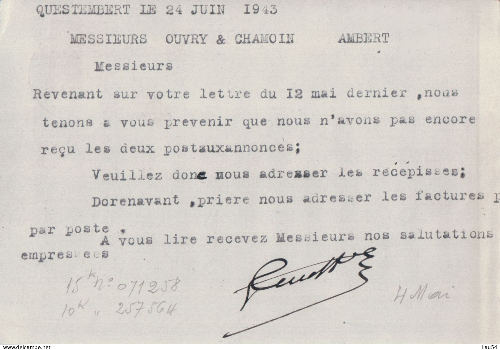 QUESTEMBERT PROVOST & HABERT (Entier Pétain 1f20 1943 Pour Ambert 63) - Questembert