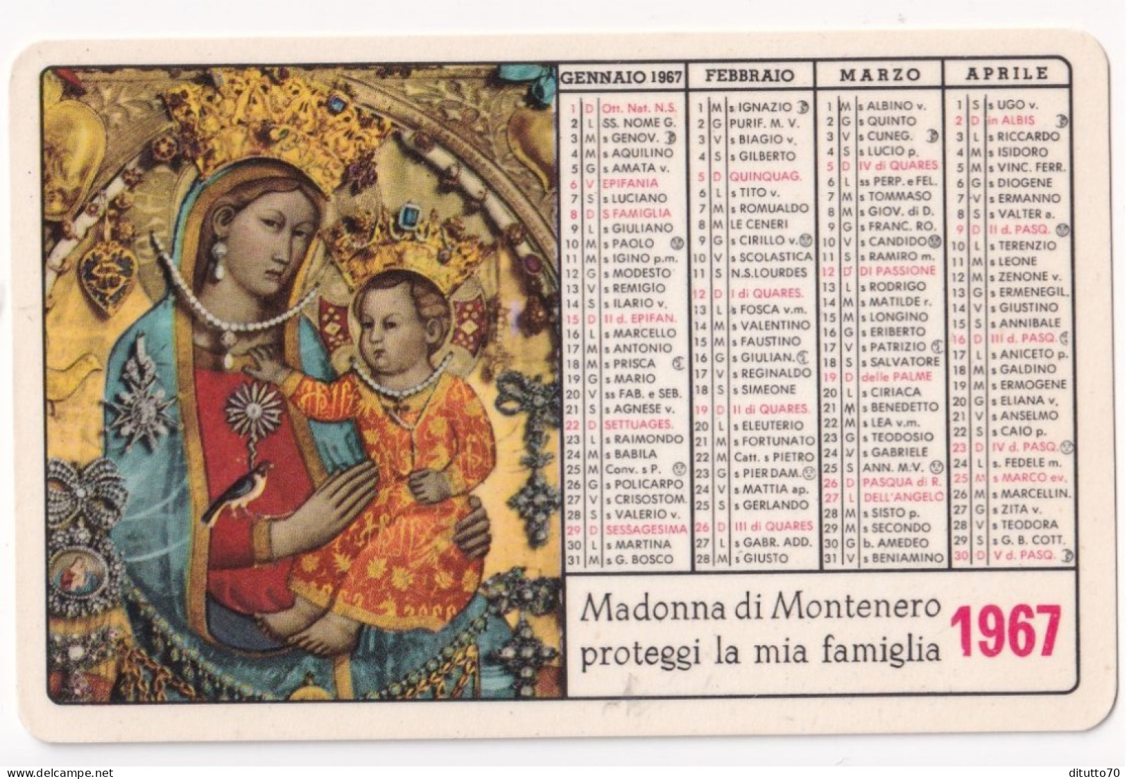 Calendarietto - Santuario Della Madonna Di Montenero - Livorno - Anno 1967 - Formato Piccolo : 1961-70