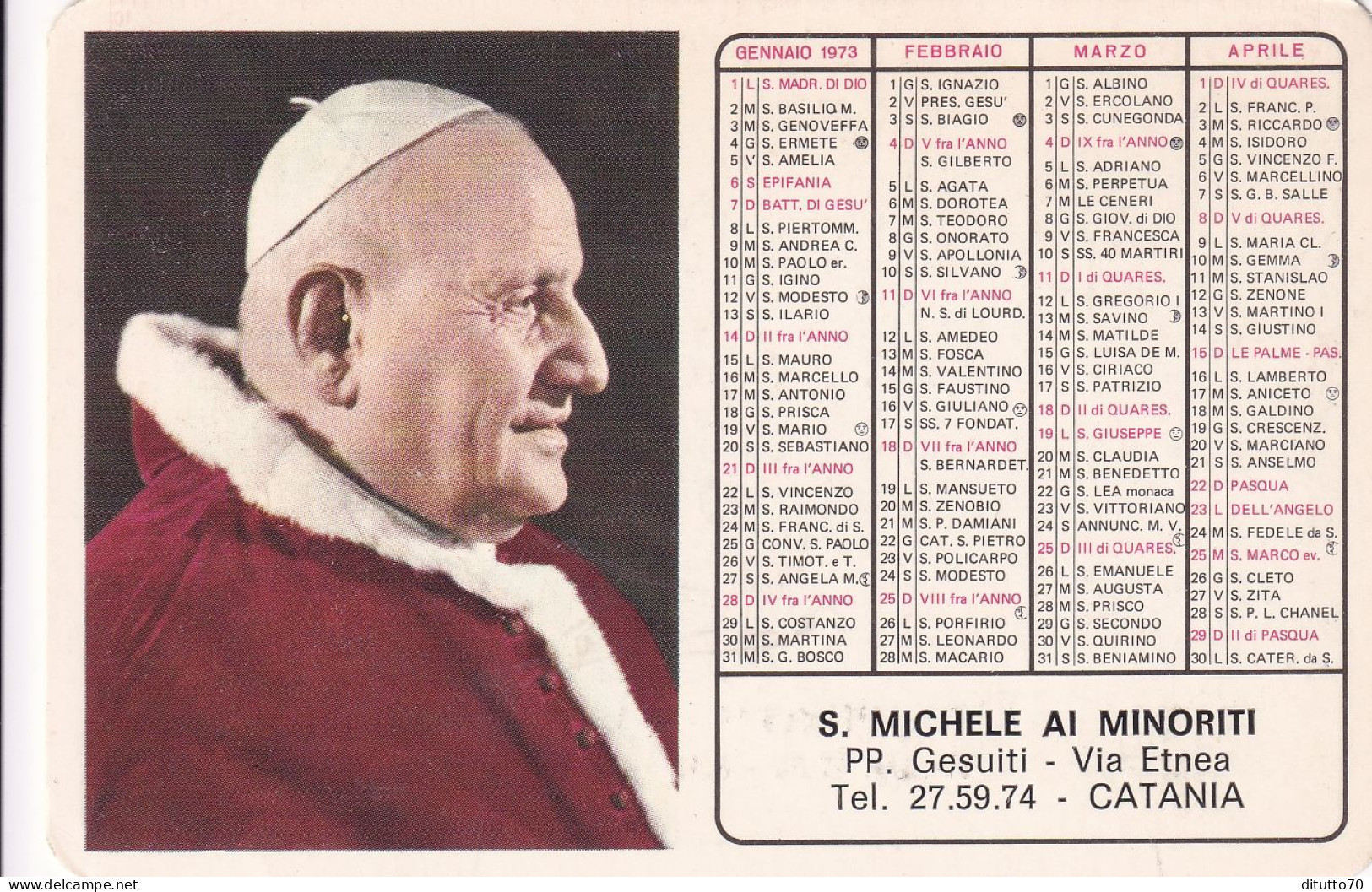 Calendarietto - S.michele Ai Minoriti - Pp. Gesuiti  - Catania - Anno  1973 - Petit Format : 1971-80