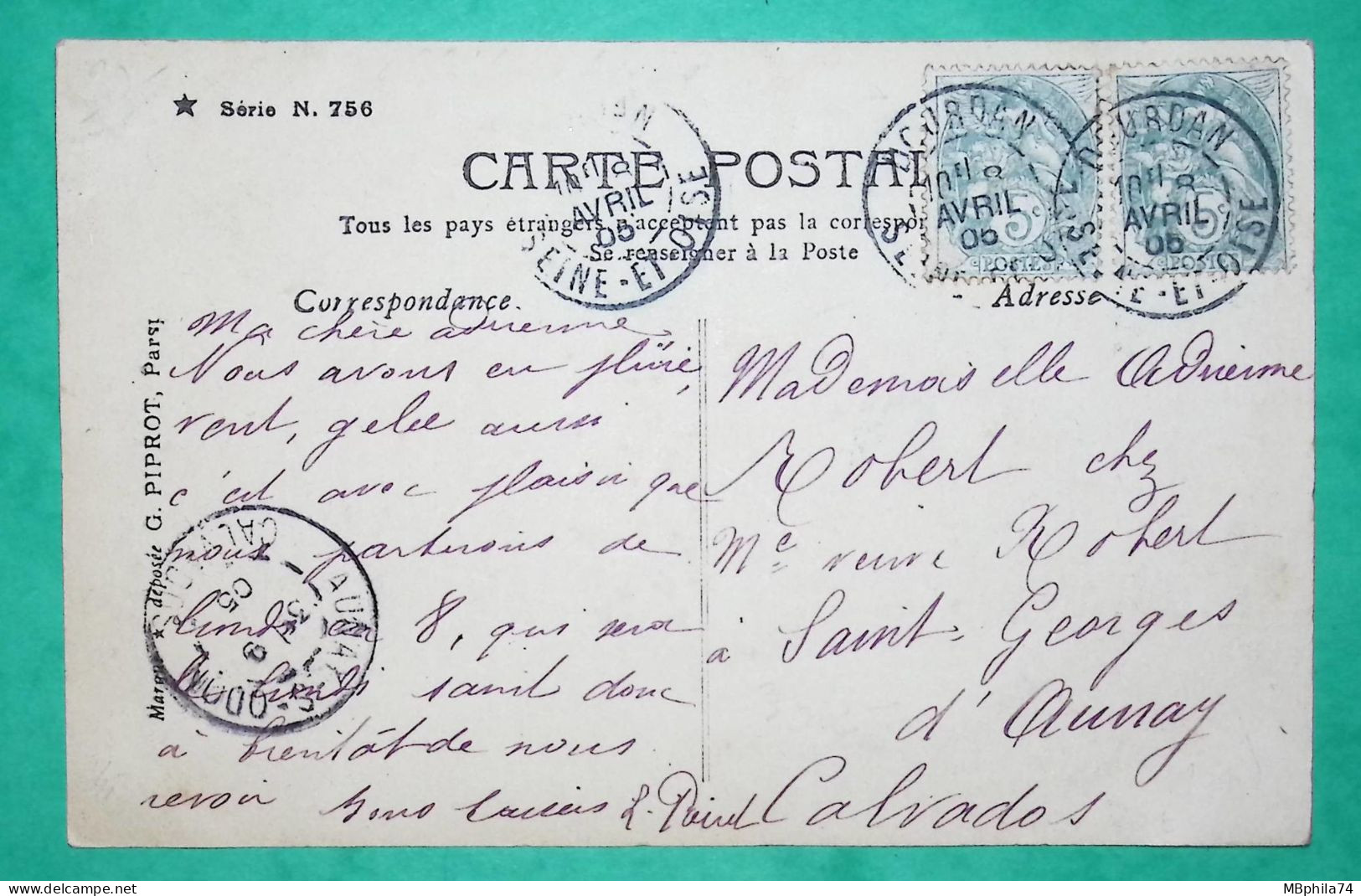 N°111 X2 BLANC CAD DOURDAN SEINE ET OISE BLEU CARTE POSTALE POUR ST GEORGES D'AUNAY CALVADOS 1905 LETTRE COVER FRANCE - 1900-29 Blanc