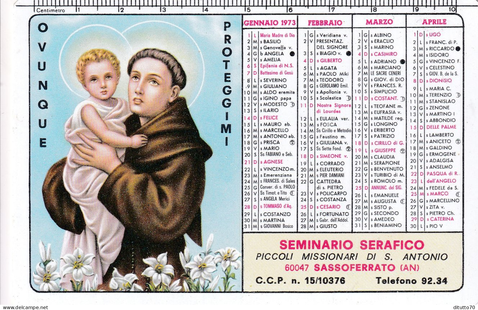 Calendarietto - Sminario Serafico Piccoli Missionari Di S.antonio - Sassoferrato - Ancona - Anno 1973 - Kleinformat : 1971-80