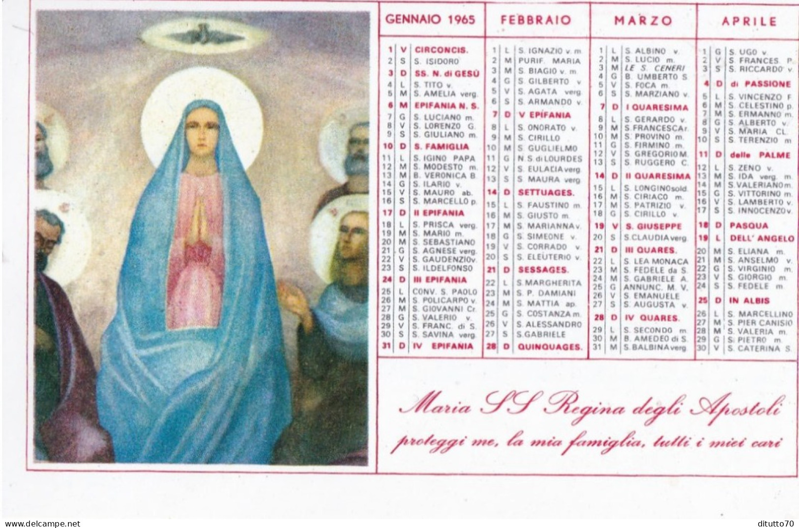 Calendarietto - Santuario Regina Degli Apostoli - Roma - Anno 1965 - Formato Piccolo : 1961-70