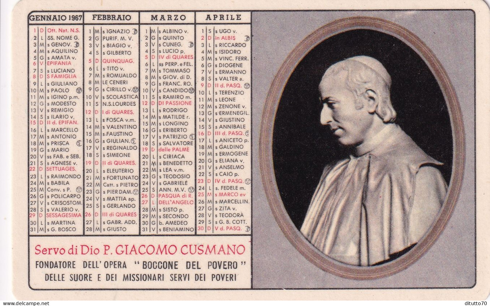 Calendarietto - Servo Di Dio P.giacomo Cusmano - Fondatore Dell'opera Boccone Del Povero Delle Suore E Dei Missionari Se - Petit Format : 1961-70