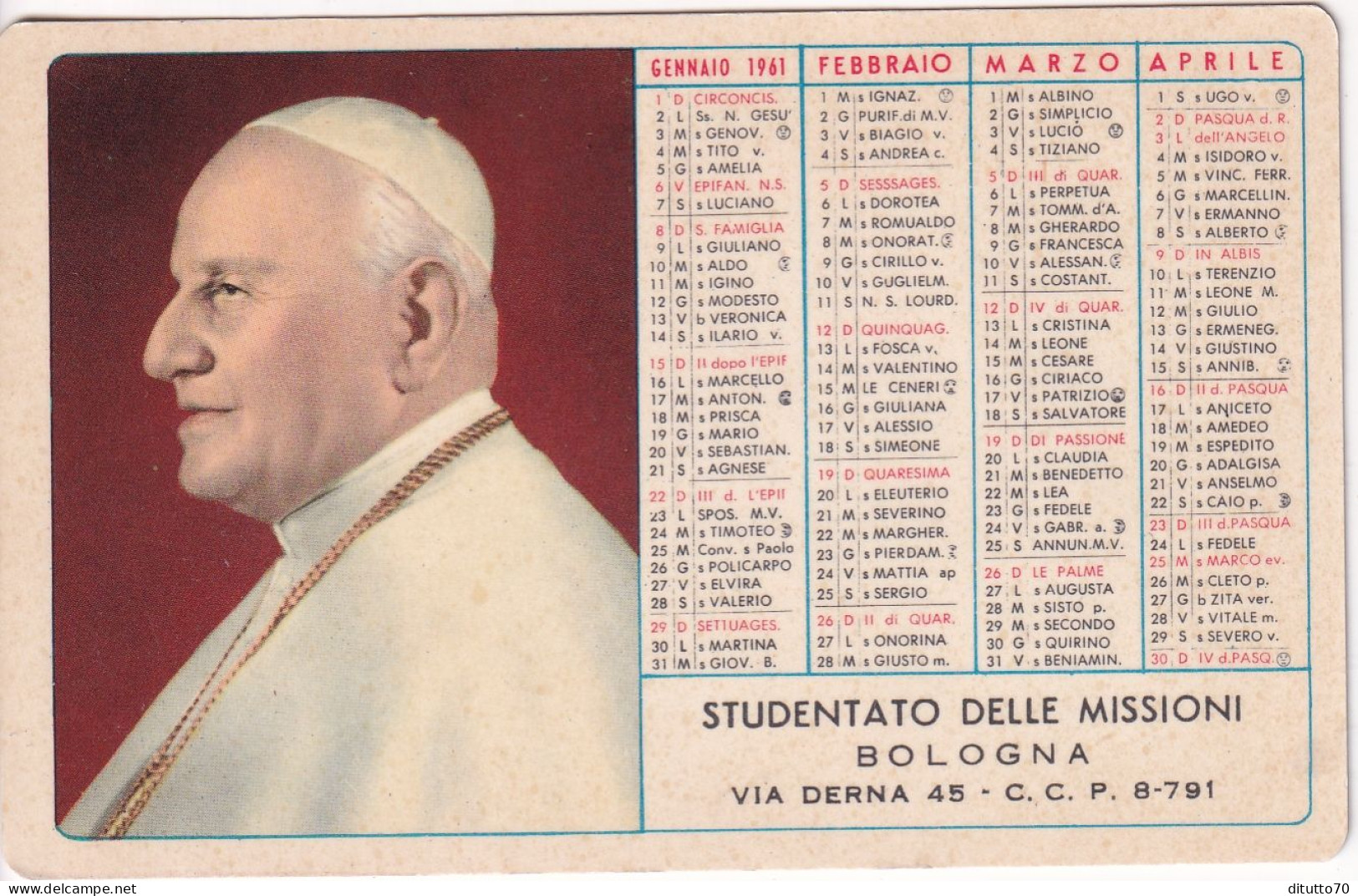 Calendarietto - Studentato Delle Missioni - Bologna - Anno 1961 - Kleinformat : 1961-70