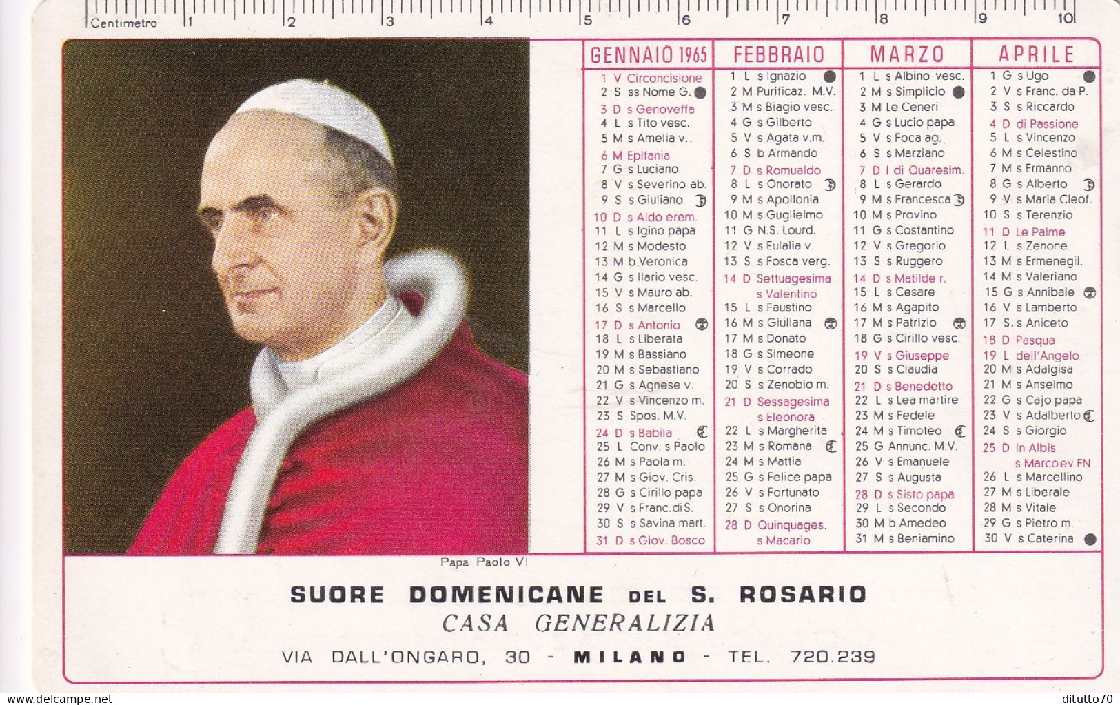 Calendarietto - Suore Domenicane Del S.rosario - Casa Generalizia - Milano - Anno 1965 - Petit Format : 1961-70