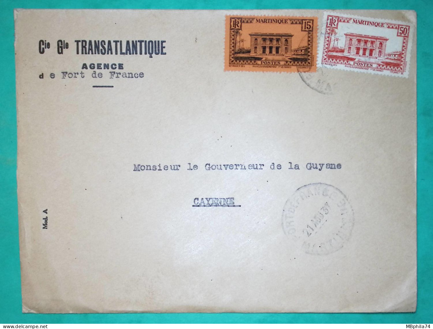 15C + 50C MARTINIQUE LETTRE COMPAGNIE GENERALE TRANSATLANTIQUE FORT DE FRANCE POUR CAYENNE GUYANE 1937 COVER FRANCE - Lettres & Documents