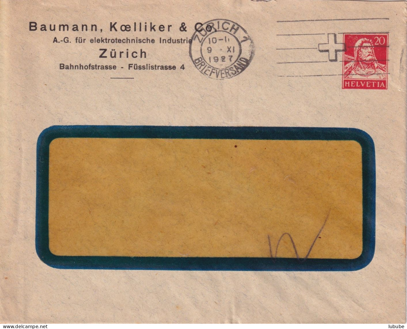 PrU-43  "Baumann, Koelliker, AG Für Elektrotechn. Industrie, Zürich"      1927 - Entiers Postaux