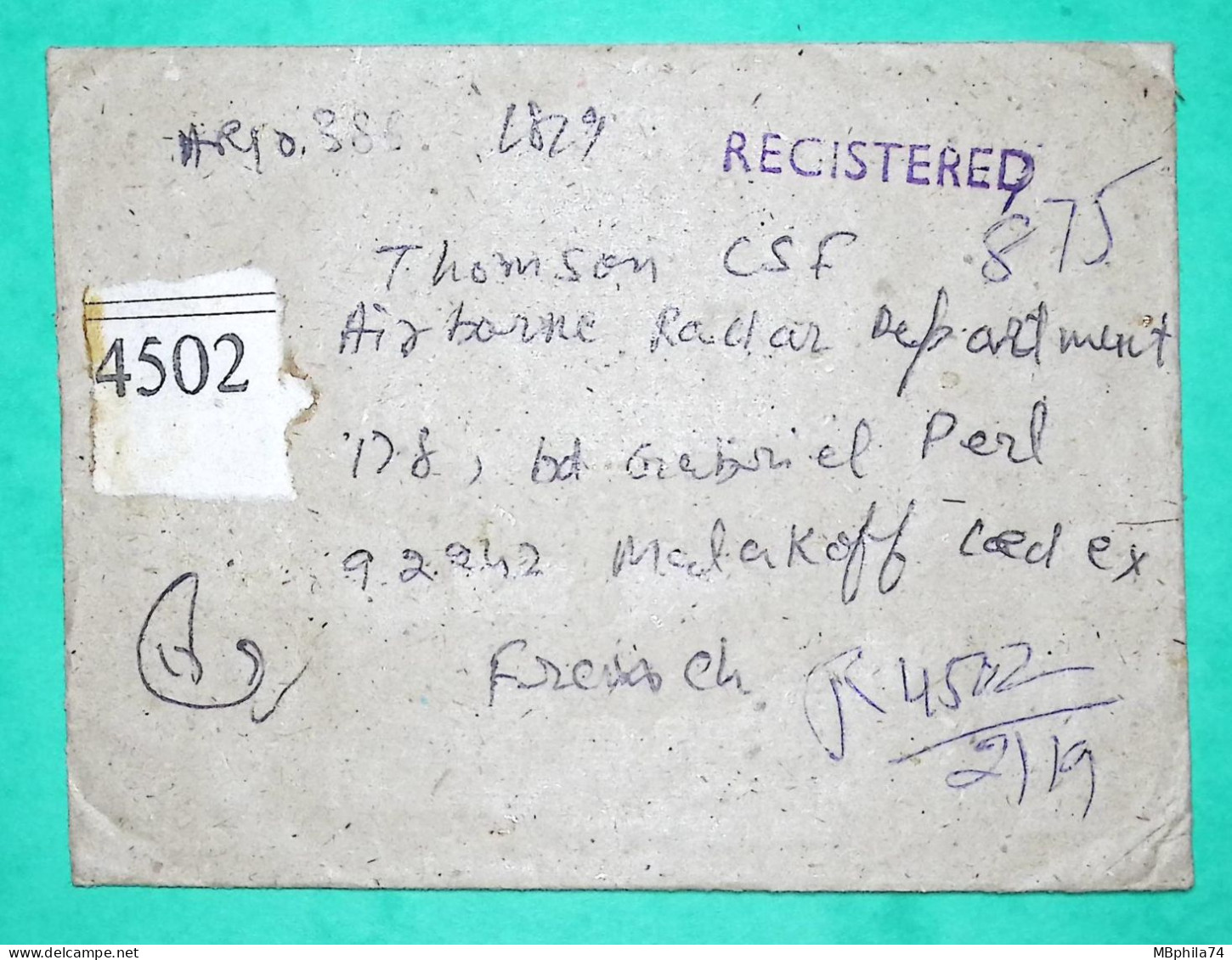 RECOMMANDE REGISTERED LETTER INDIA FOR FRANCE - Other & Unclassified