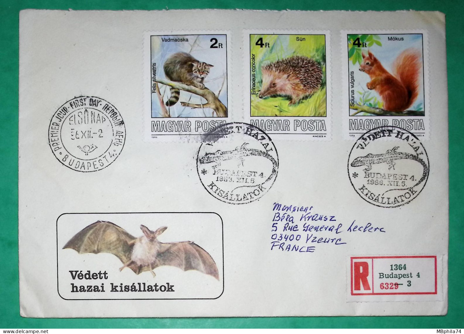 FIRST DAY COVER BUDAPEST VEDETT HAZAI KISALLATOK STAMPS ANIMALS HEDGEHOG SQUIRREL WILD CAT 1986 REGISTERED LETTER - Brieven En Documenten