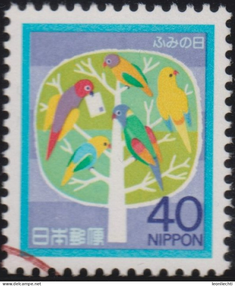 1984 Japan° Mi:JP 1592, Sn:JP 1566, Yt:JP 1493, Sg:JP 1745, Sak:JP C990, Letter Writing Day, Vögel, Papageien - Gebraucht