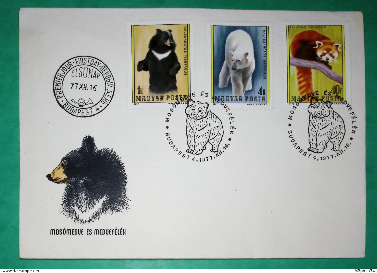 FIRST DAY COVER BUDAPEST MOSOMEDVE ES MEDVEFELEK STAMPS ANIMALS WHITE BLACK BEAR RED PANDA 1977 REGISTERED LETTER - Brieven En Documenten