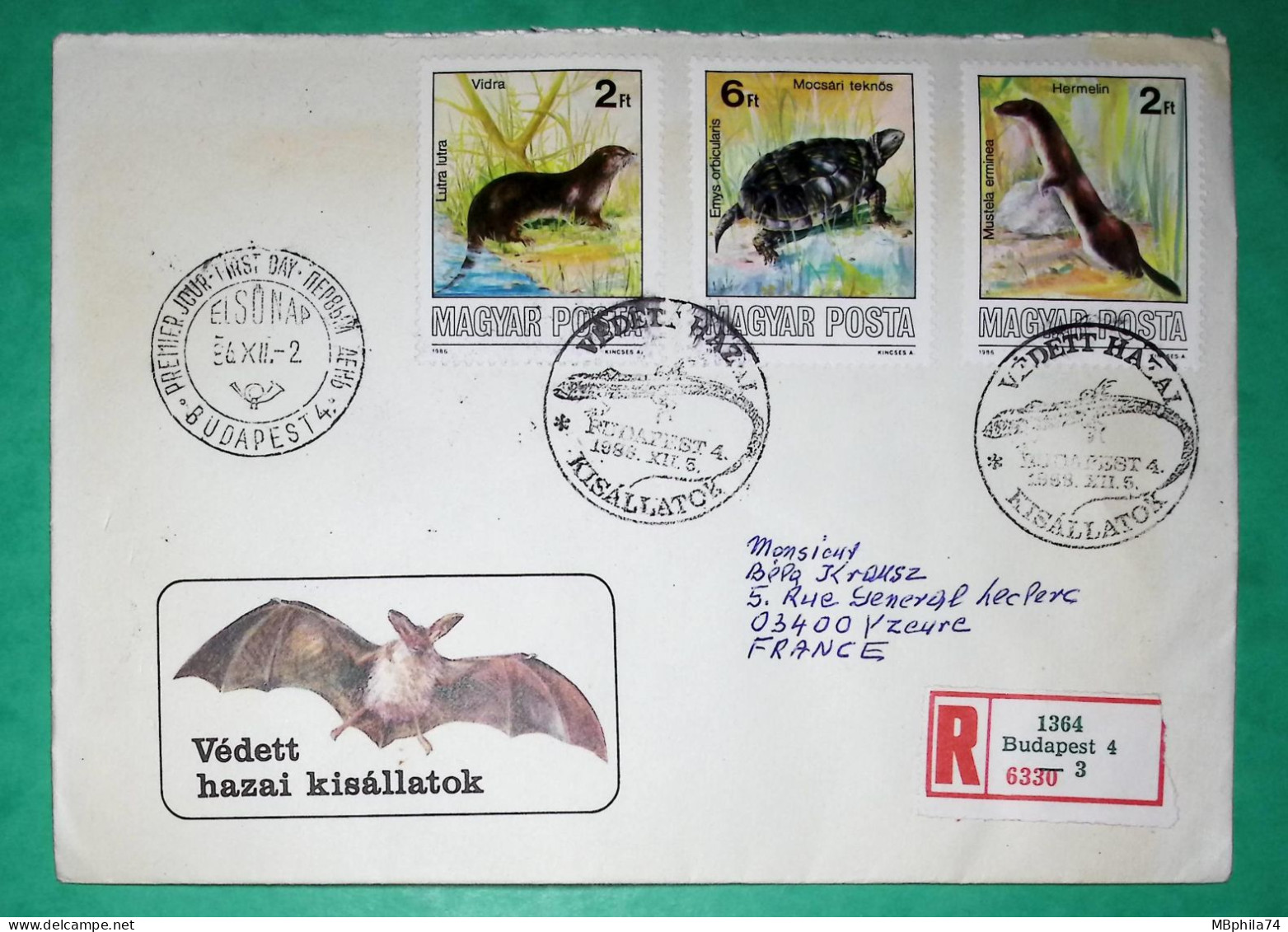 FIRST DAY COVER BUDAPEST VEDETT HAZAI KISALLATOK STAMPS ANIMALS OTTER TURTLE ERMINE 1986 REGISTERED LETTER - Brieven En Documenten