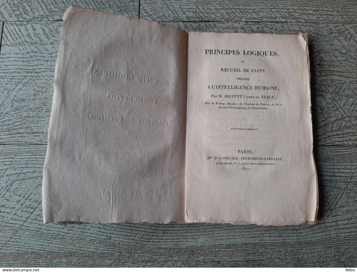 Principes Ou Recueil De Faits Relatifs à L'intelligence Humaine Destutt Comte De Tracy 1817 - 1701-1800