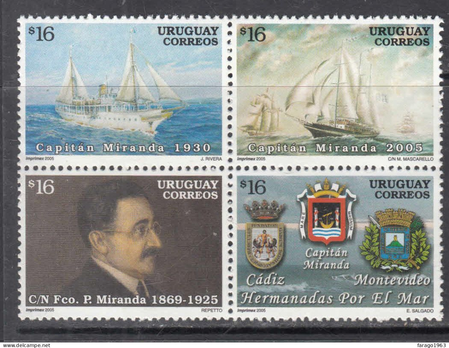 2006 Uruguay Captain Miranda Ships Complete Block Of 4 MNH - Uruguay