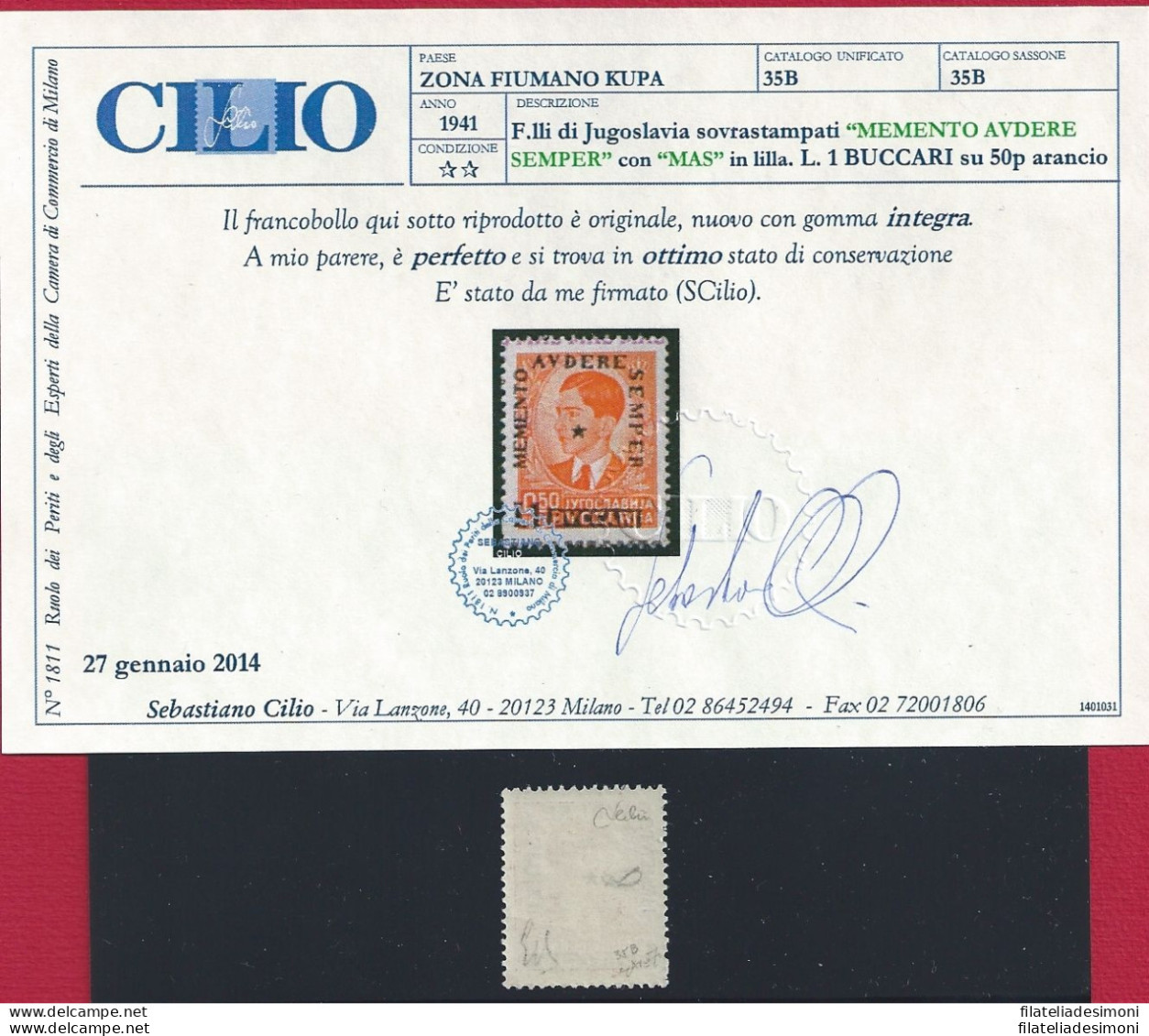 1941 ZONA FIUMANO KUPA, "Memento Avdere Semper" L 1 Buccari Su O,50 P Arancio , - Other & Unclassified