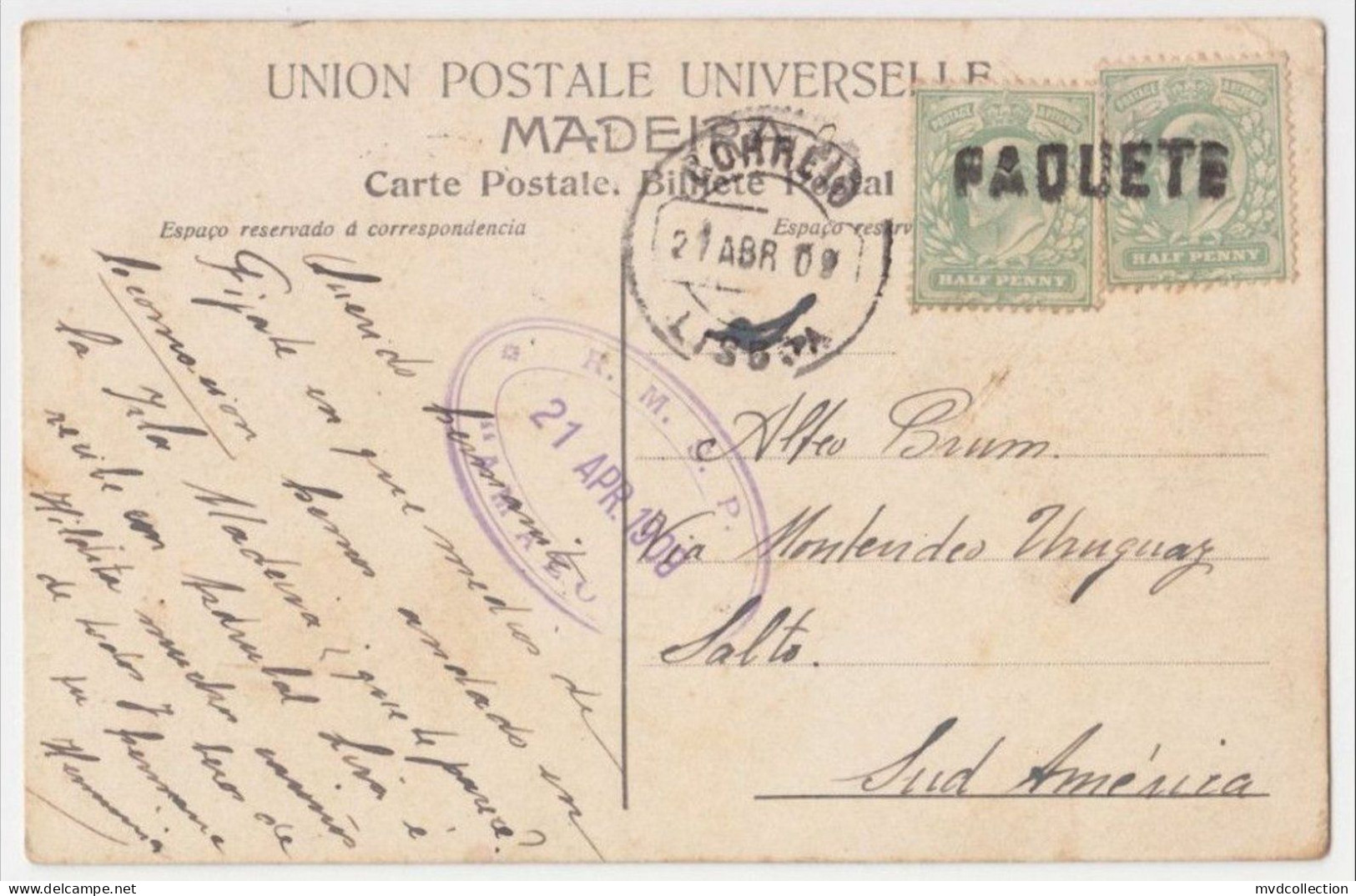 MADEIRA To URUGUAY Royal Mail Steam Packet Co PAQUEBOT Postmark SS AMAZON PC 1908 - Storia Postale