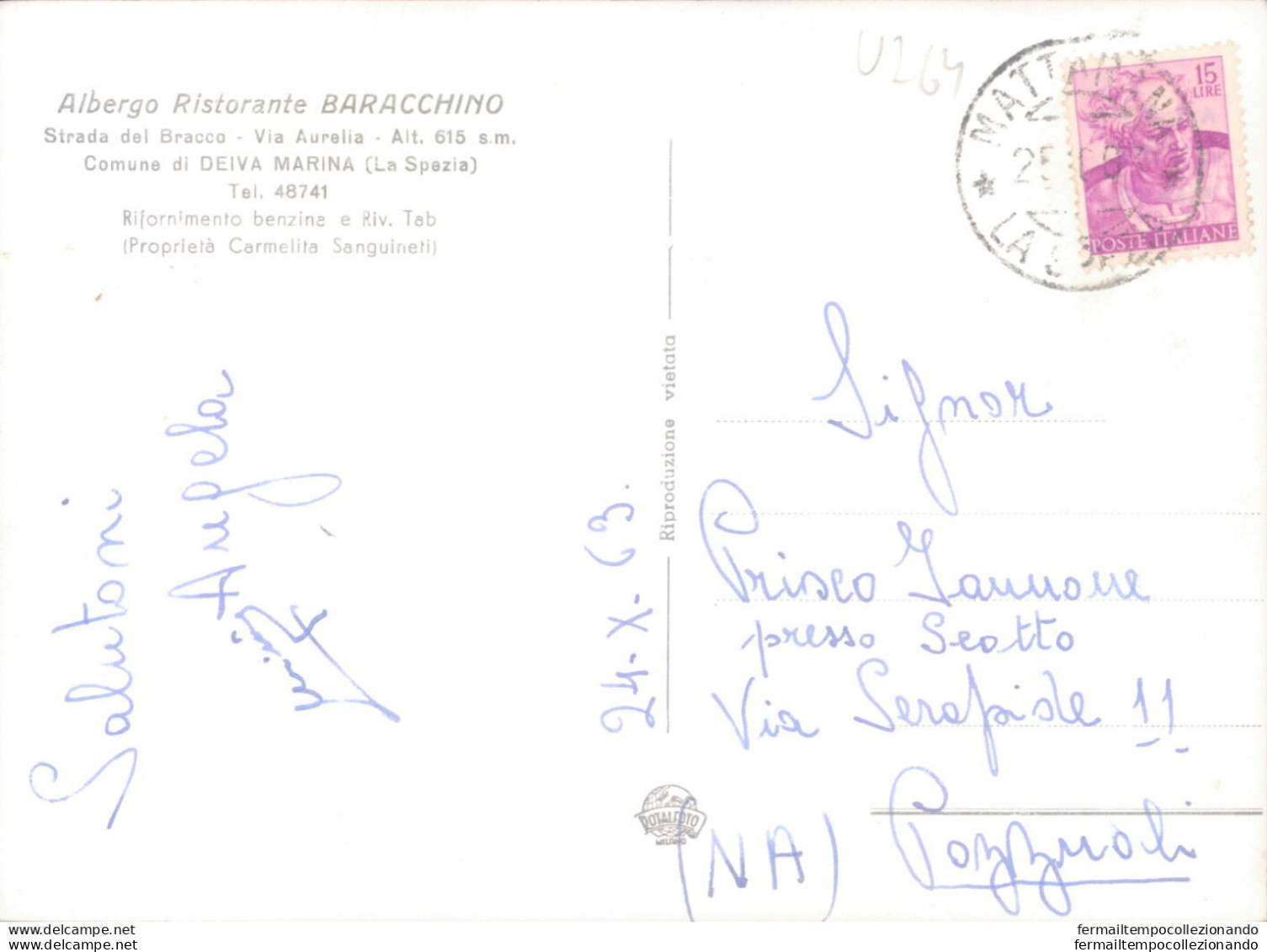 U264 Cartolina Deiva Marina Saluti Dall'hotel Bracciano Provincia Di La Spezia - La Spezia