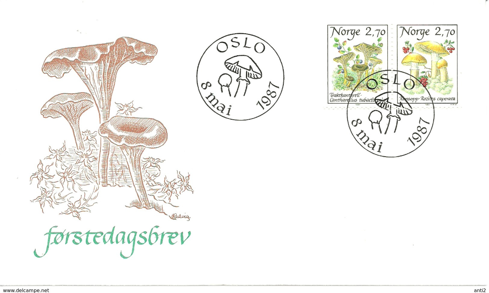 Norway 1987 Mushrooms, Yellowfoot, Winter Mushroom, (Cantharellus Tubaeformis) And Gypsy Mushroom, Mi 969-970 FDC - Cartas & Documentos