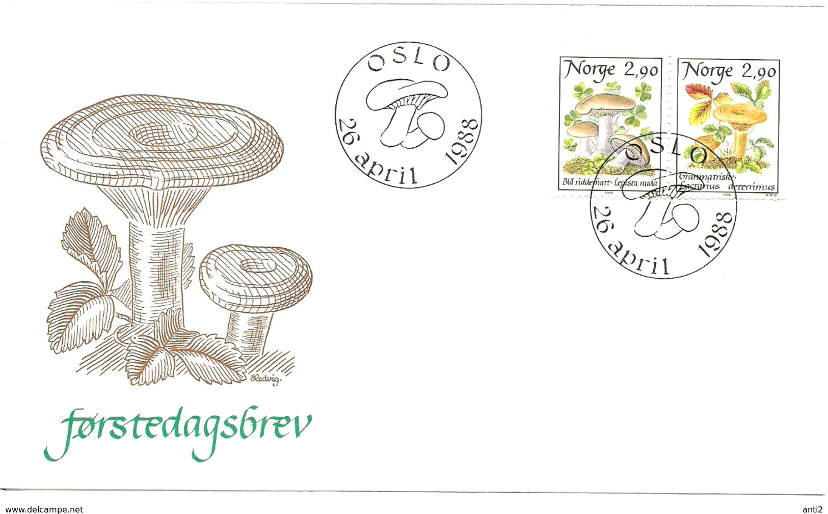 Norway 1988 Mushroom Wood Blewit (Lepista Nuda) And False Saffron (Lactarius Deterrimus),  Mi 990-991, FDC - Unused Stamps