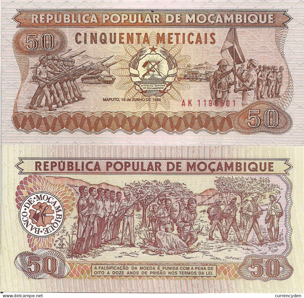 Mozambique P129b, 50 Meticals, Soldiers With Rifles, Tanks, Flag Hoisting UNC - Moçambique