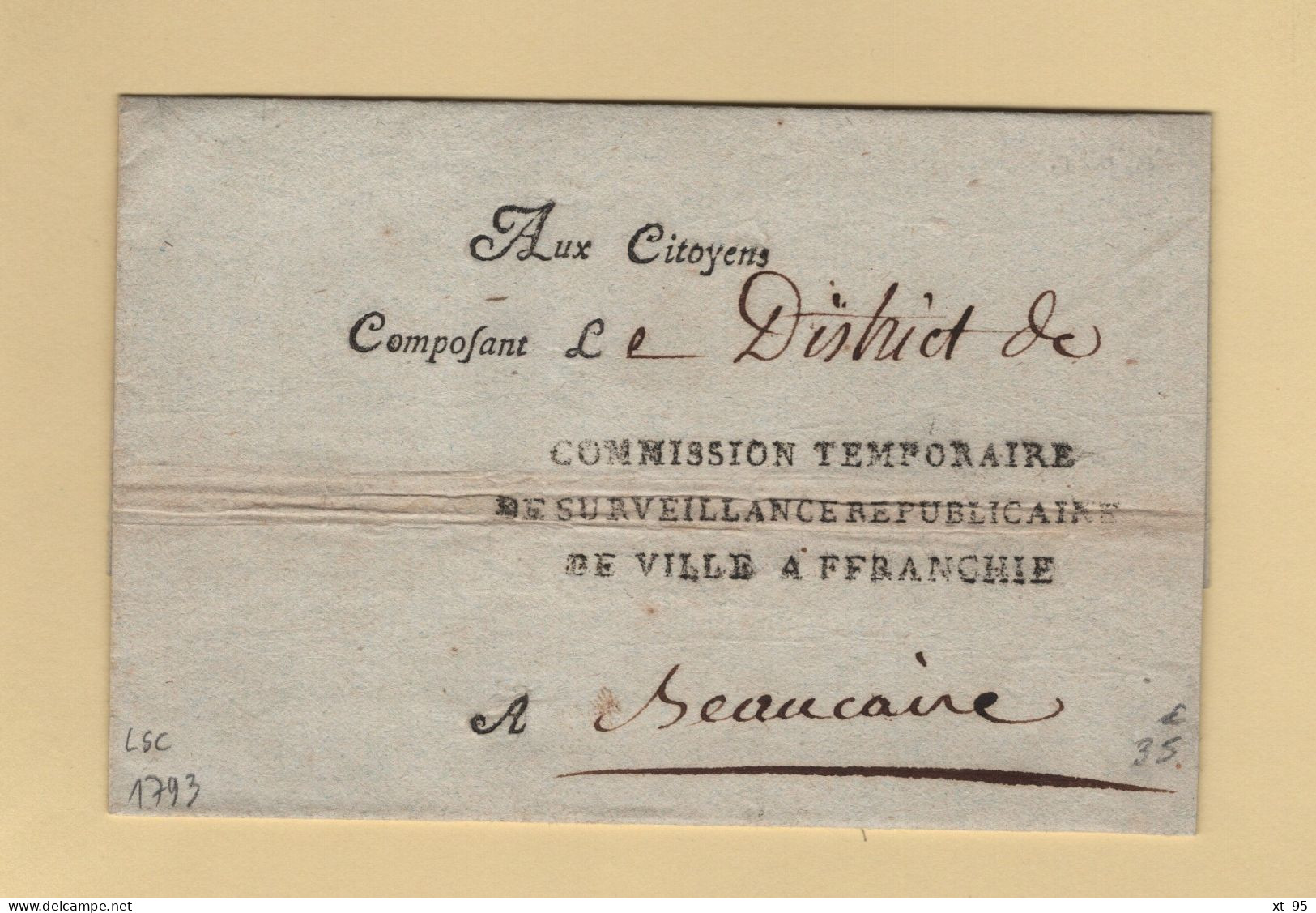 Franchise - Commission Temporaire De Surveillance Republicaine De Ville Affranchie - Lyon - 1793 - Sans Correspondance - 1701-1800: Voorlopers XVIII