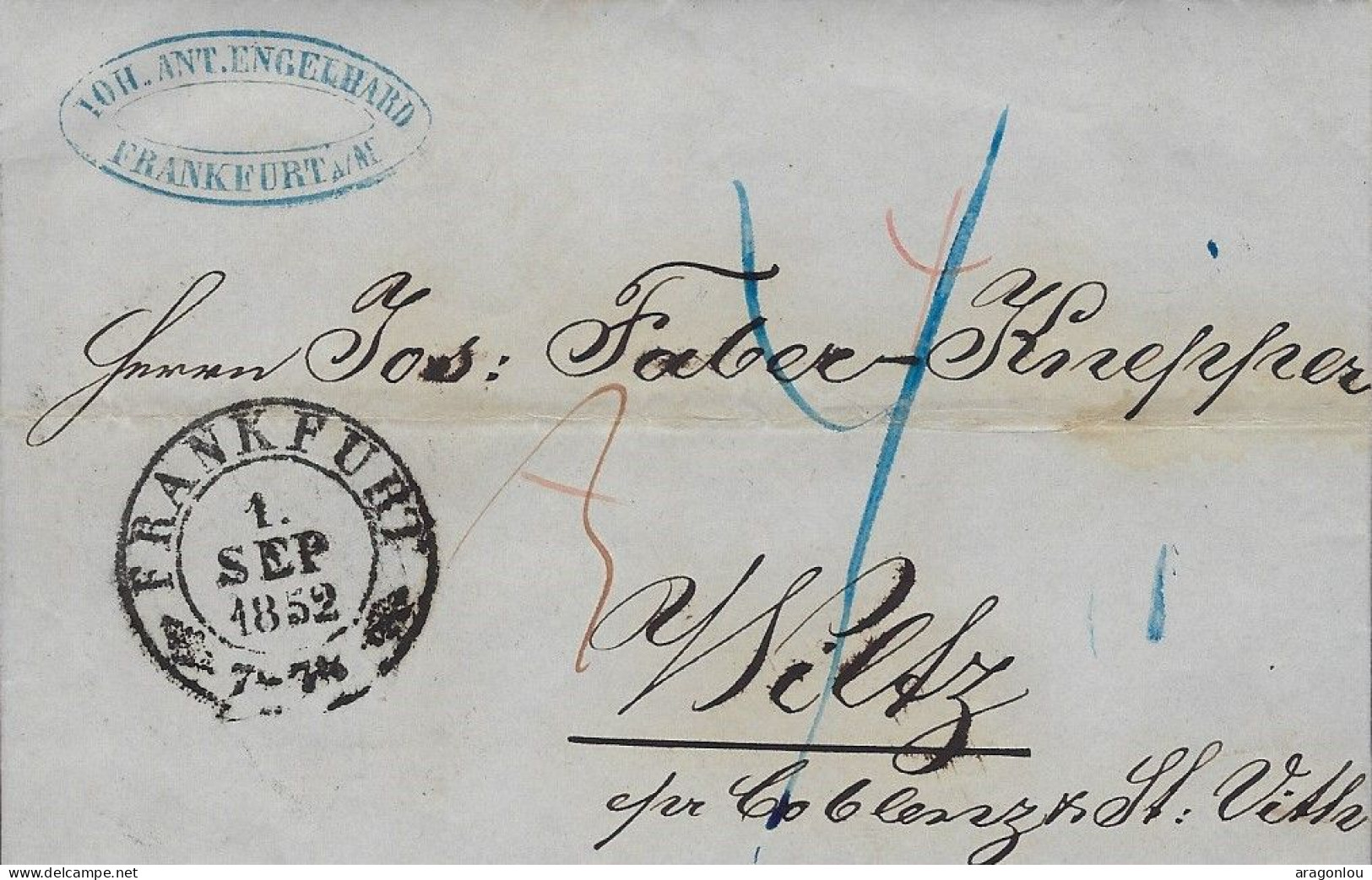 Luxembourg - Luxemburg  -  Lettre1852  Adressé Au Monsieur Jos. Faber - Knepper , Wiltz - Cachet Frankfurt - ...-1852 Prephilately