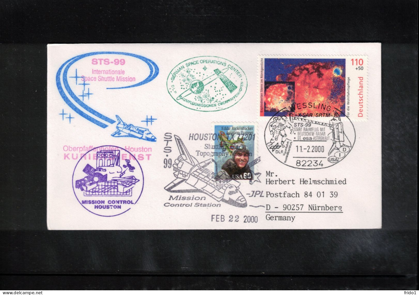 USA + Germany 2000 Space / Weltraum Space Shuttle STS-99 Mission Interesting Cover - United States