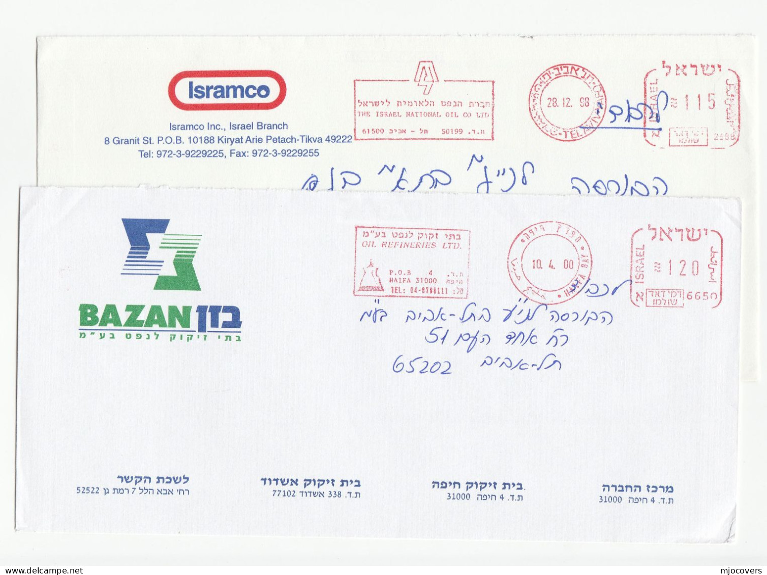 OIL INDUSTRY 2 Diff  1998 - 2000 Israel METER Slogan COVERS Bazan Refinery Isramco Energy Stamps Petrochemicals Cover - Petrolio