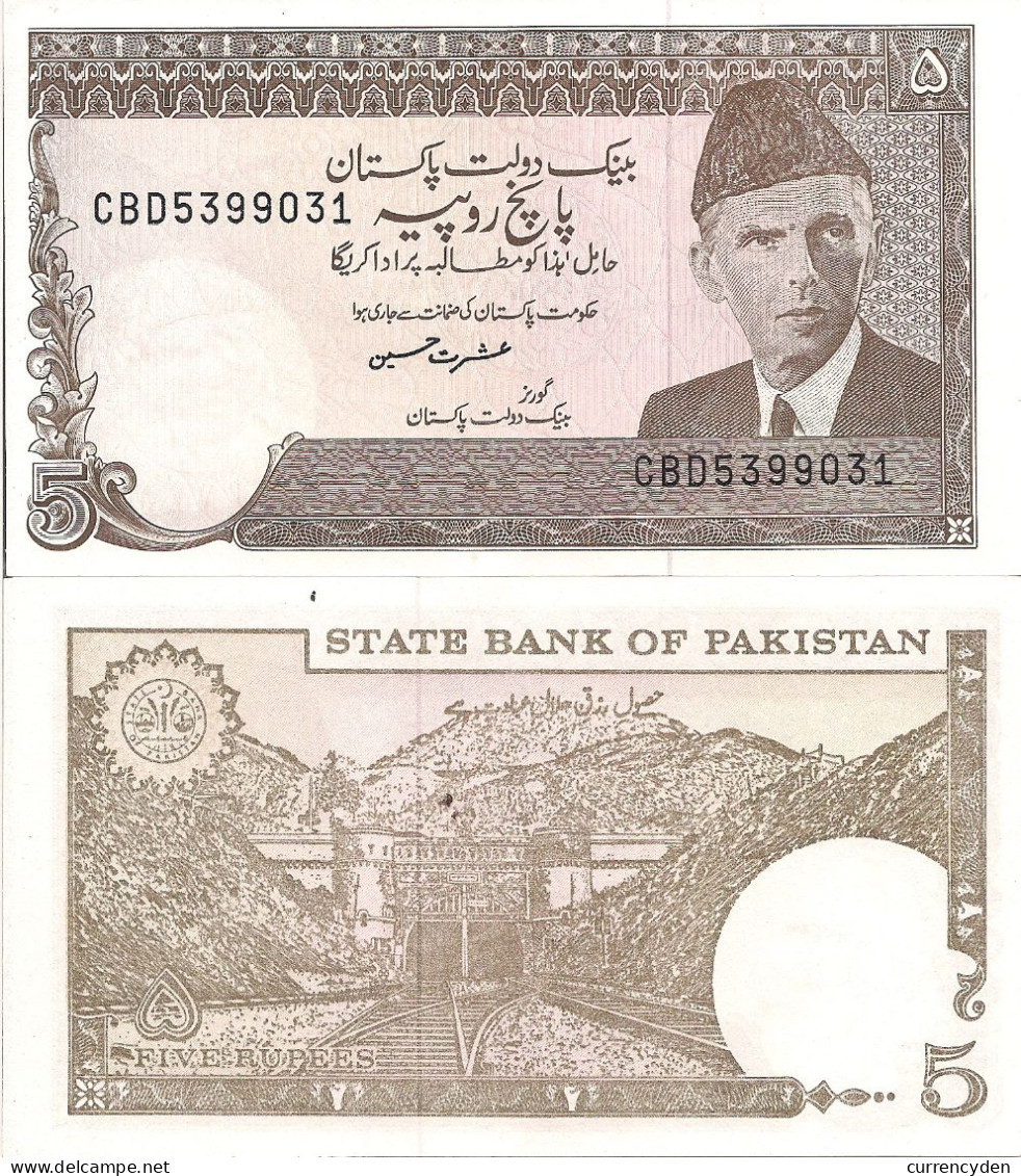 Pakistan P38, 5 Rupee, Mohammed Aki Jinnah / Khojak Railroad Tunnel UNC $4 CV - Pakistan
